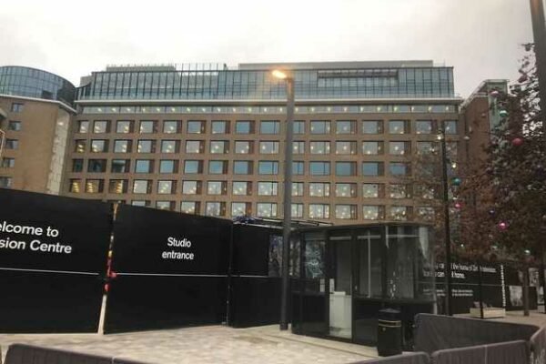 Exterior of television centre, with gate names "studio enterance"