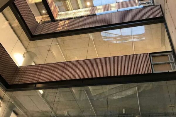 Large courtyard interior with large windows and wooden cladding
