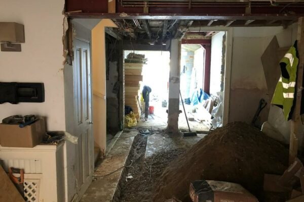 Interior building site with large pile of rubble