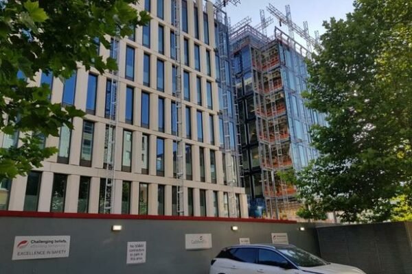 Scaffolding around a large high rise building