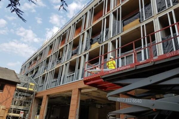Large external building site with electric scissor lift