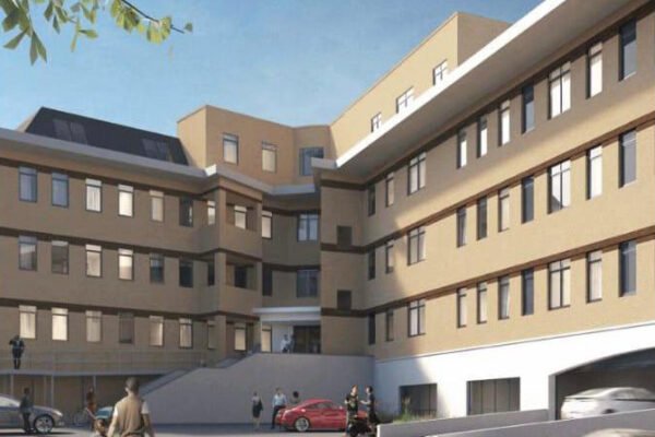 3D render of a large light brown building